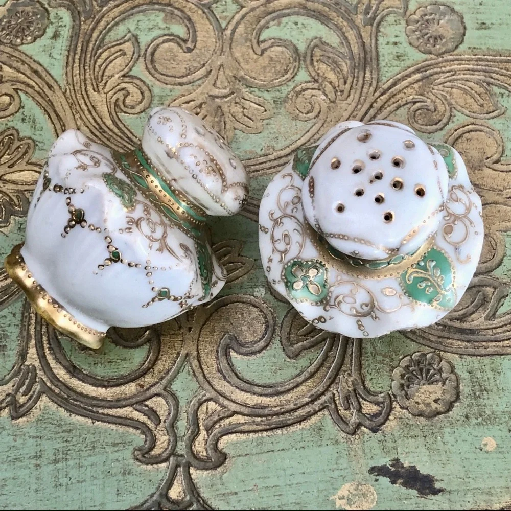 Antique Porcelain Salt Pepper Shakers Fancy Gold Trim
